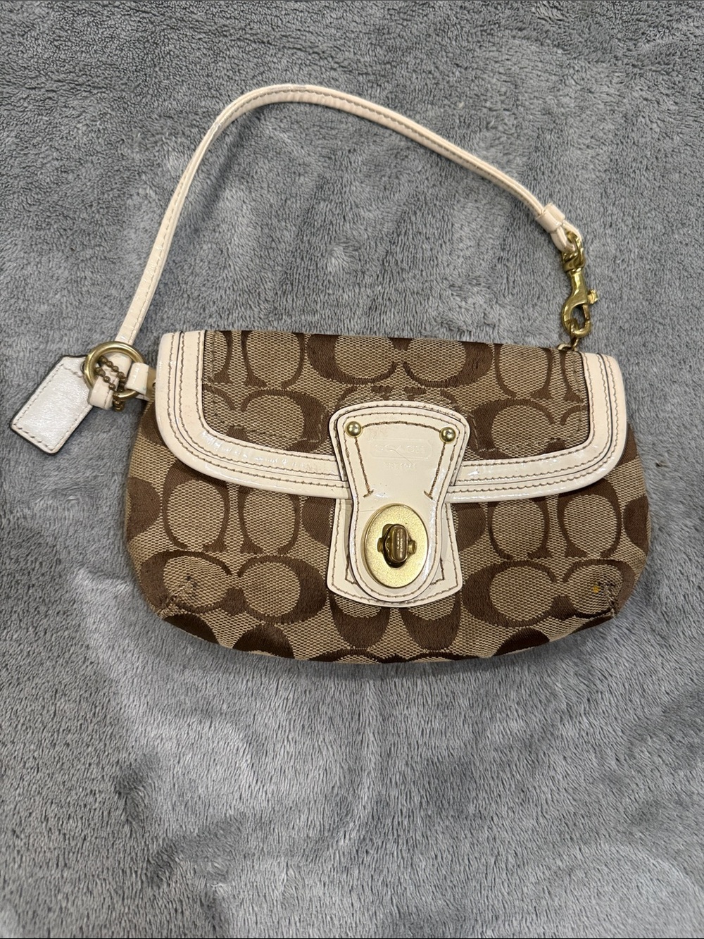 Coach Brown Signature Canvas Wristlet with Cream Trim and Gold Hardware